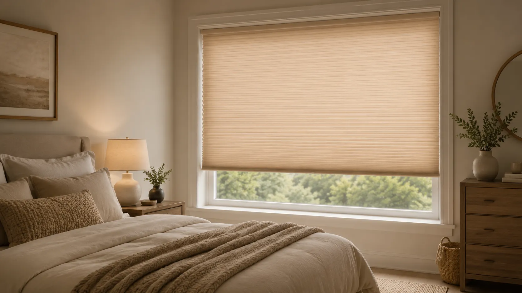 Cellular blinds in a soft modern room