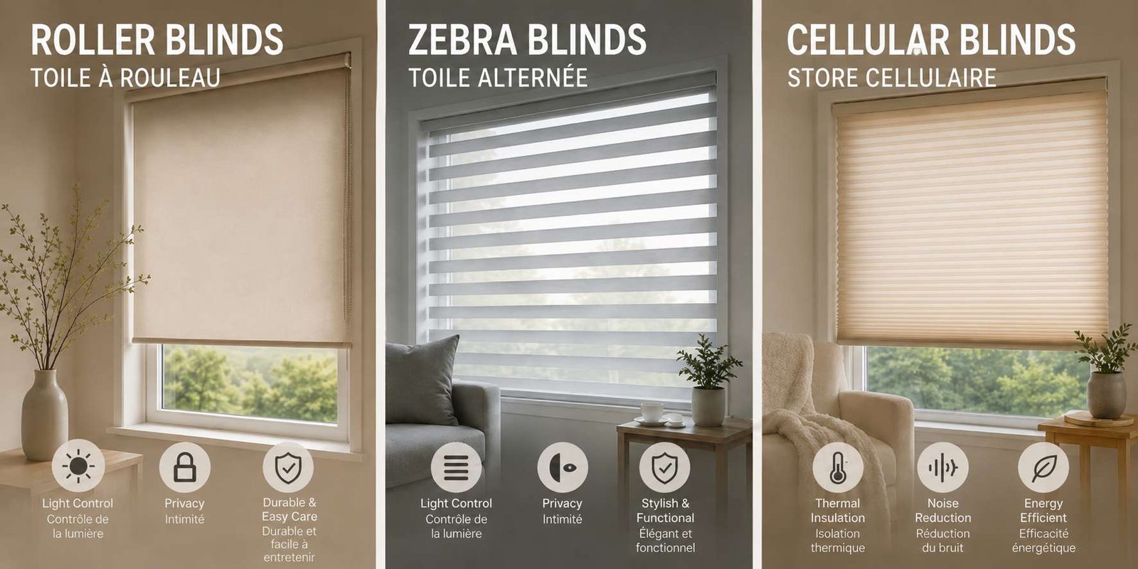Custom roller zebra and cellular blinds for modern windows