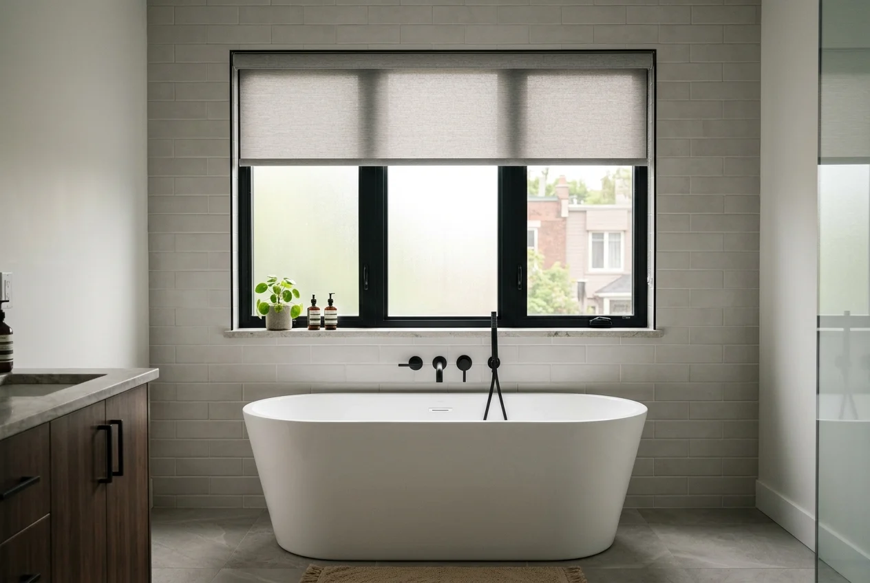 Moisture resistant bathroom window shades in modern Canadian bathroom with soaking tub