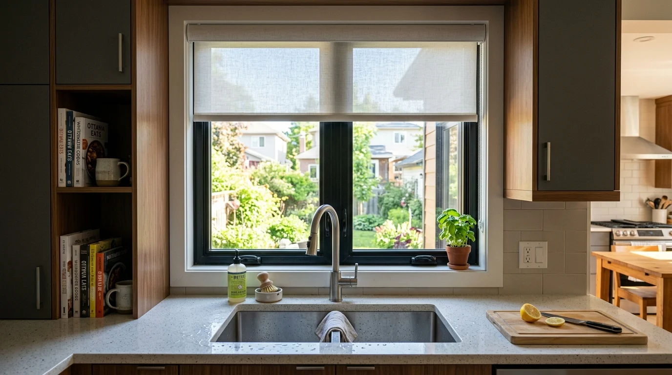 Waterproof kitchen blinds mounted inside window frame above stainless steel sink