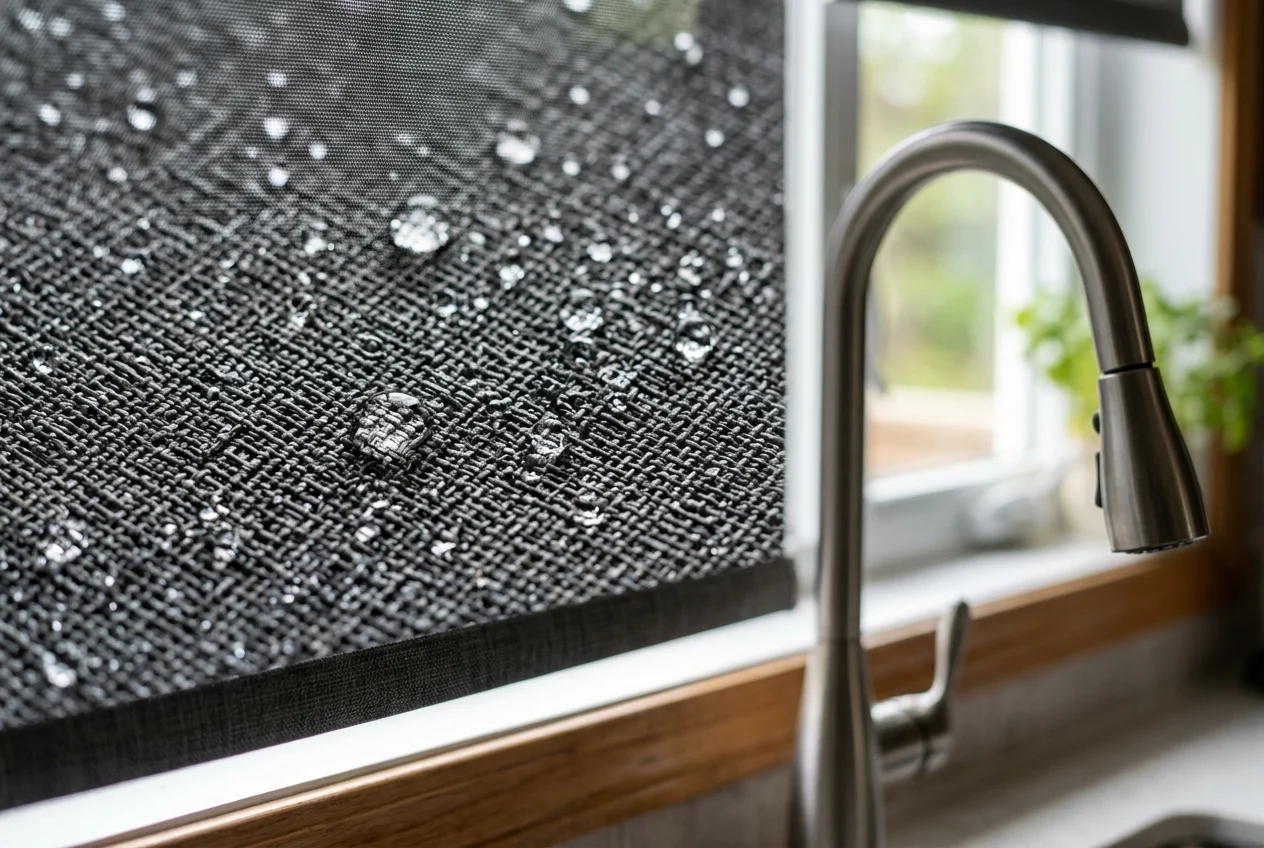 Close up of water droplets beading on waterproof wipeable roller shade fabric